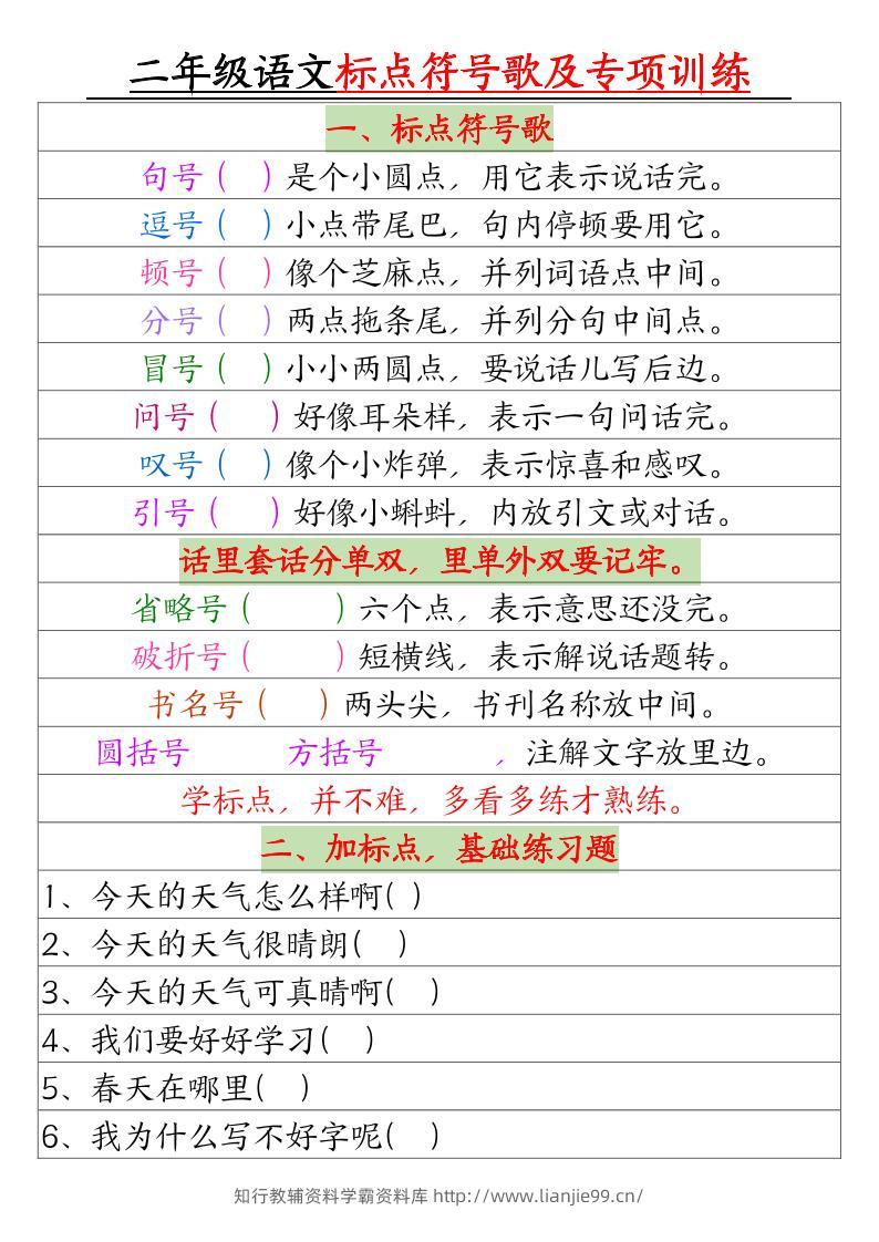 二年级语文标点符号歌及专项训练（4页）-学霸资料库学科资源下载
