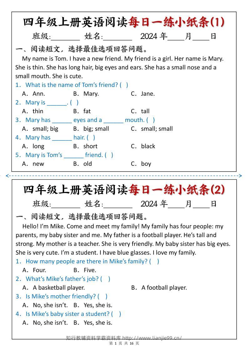 四上英语阅读每日一练小纸条-学霸资料库学科资源下载