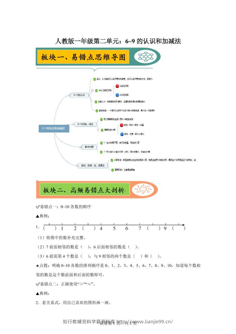 人教版数学一年级上册第二单元《6~9的认识和加减法》易错点大全-学霸资料库学科资源下载