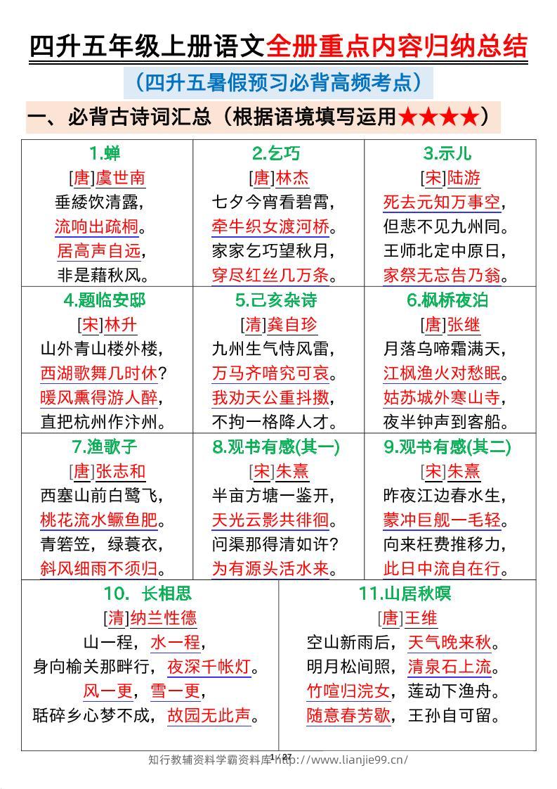 四升五年级上册语文全册重点内容归纳总结输出27页-五上语文-学霸资料库学科资源下载