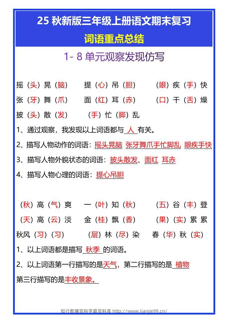 【2025秋新版】三年级上册语文期末复习词语重点总结-学霸资料库学科资源下载