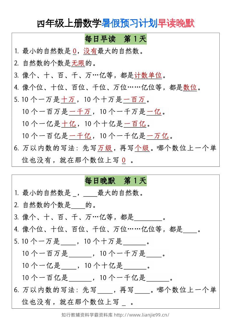 三升四数学暑假【早读晚默】-四上数学-学霸资料库学科资源下载