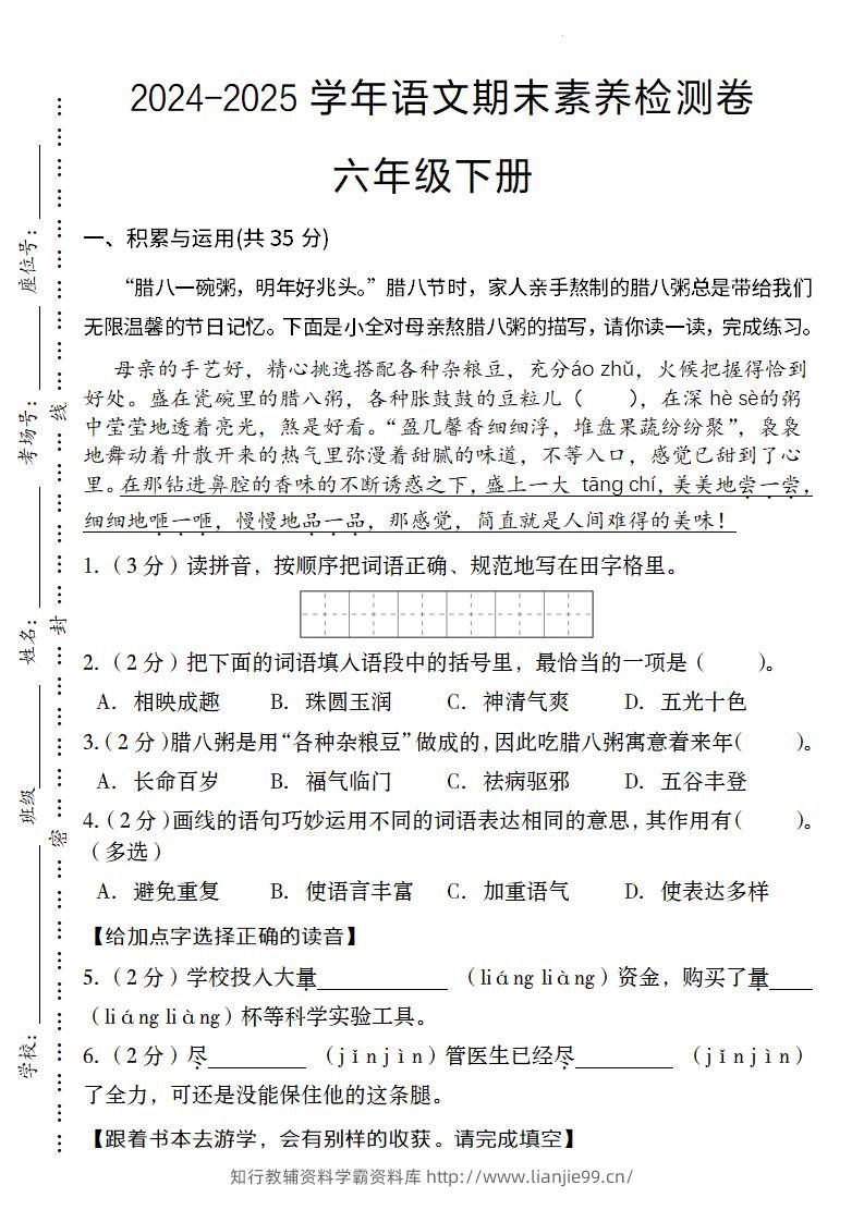 24-25学年语文期末素养检测卷六年级下册-学霸资料库学科资源下载