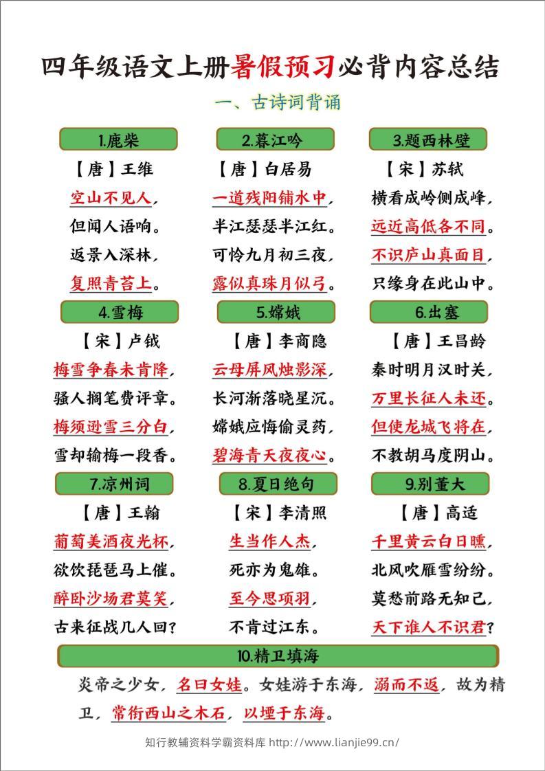 四年级语文上册暑假预习必背内容总结-学霸资料库学科资源下载
