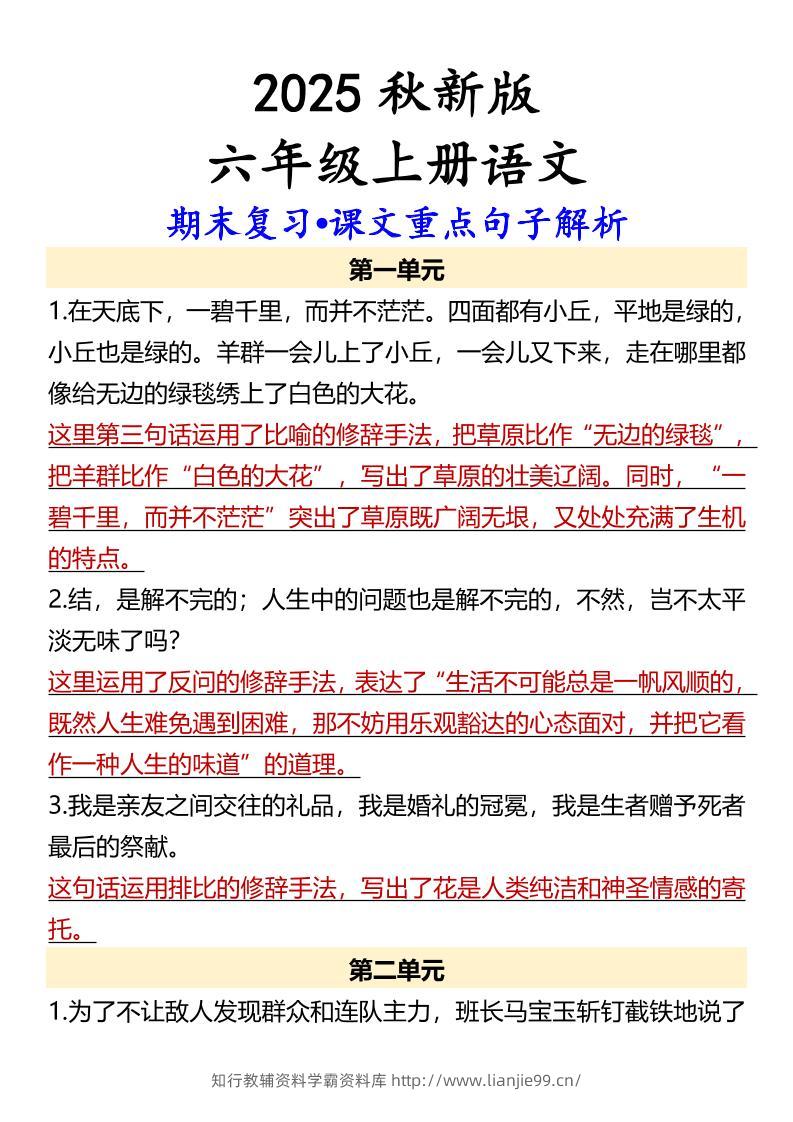 【2025秋新版】【六年级上册语文】期末复习•课文重点句子解析-学霸资料库学科资源下载