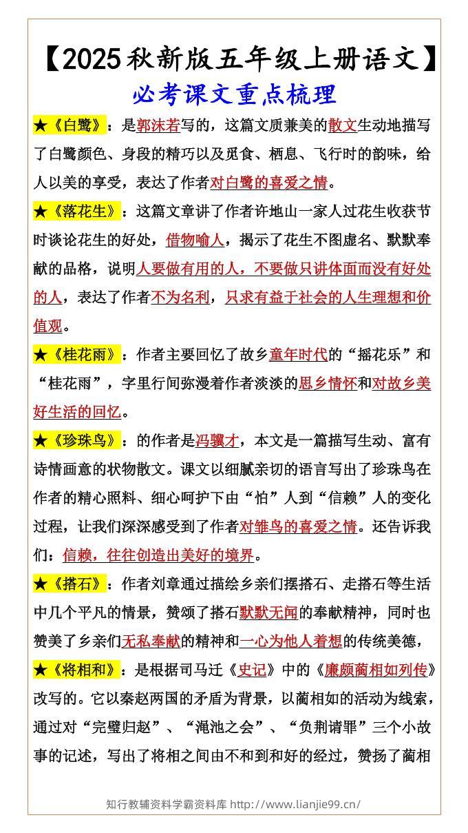 【2025秋新版】【五年级上册语文】必考课文重点梳理-学霸资料库学科资源下载