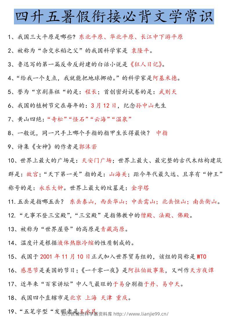 【四升五语文暑假】必背文学常识四下语文-学霸资料库学科资源下载