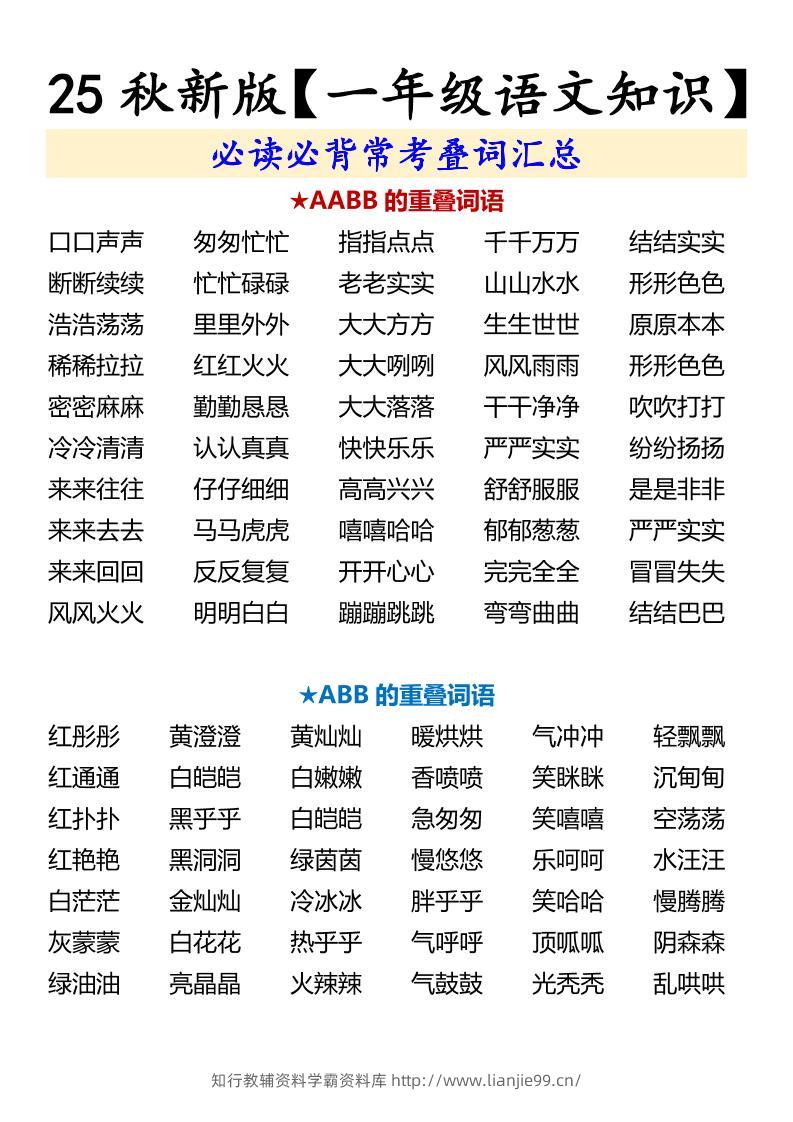 【2025秋新版】【一年级语文知识】必读必背常考叠词汇总-一上语文-学霸资料库学科资源下载