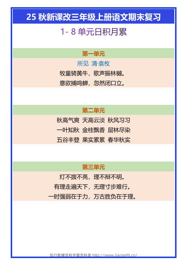 【2025秋新版】三年级上册语文期末复习1-8单元日积月累-学霸资料库学科资源下载
