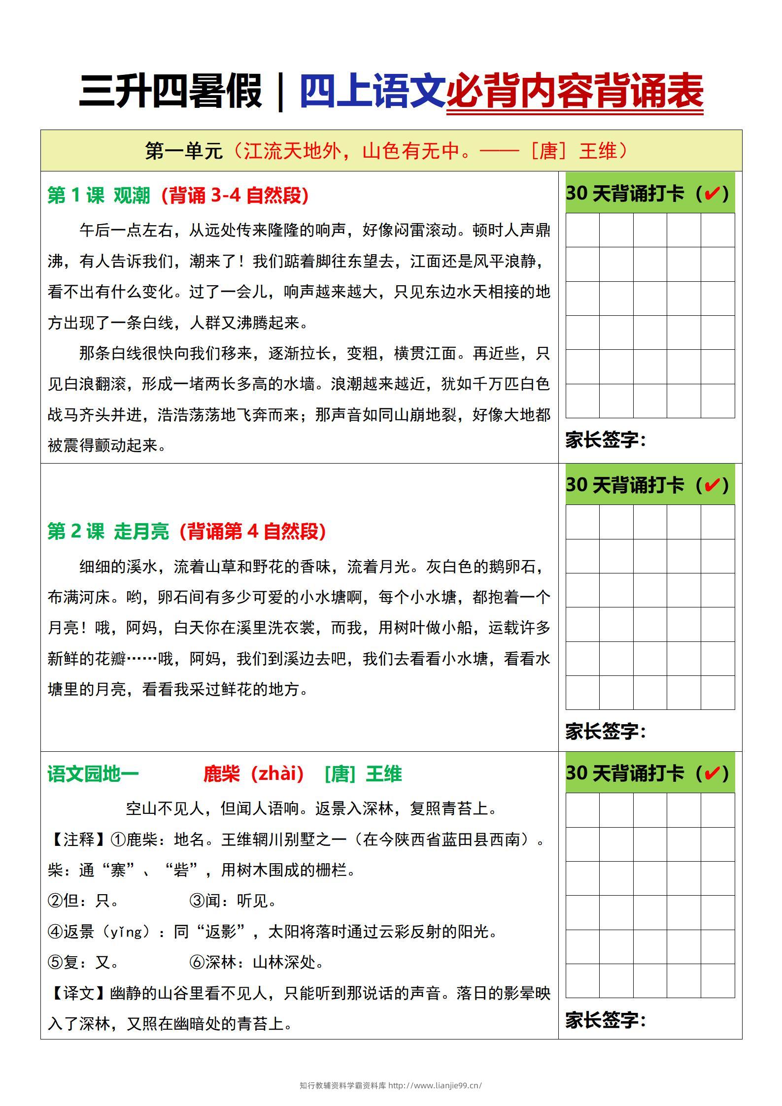 三升四暑假四上语文必背内容背诵表6页-学霸资料库学科资源下载
