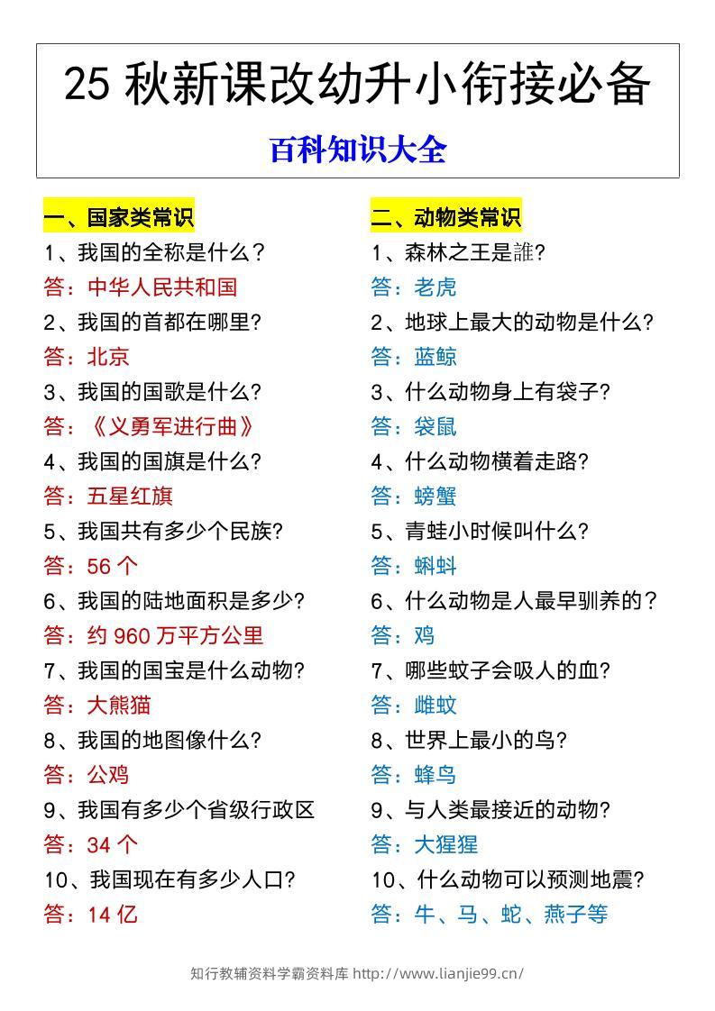 【2025秋新版】幼升小衔接必备百科知识大全-学霸资料库学科资源下载