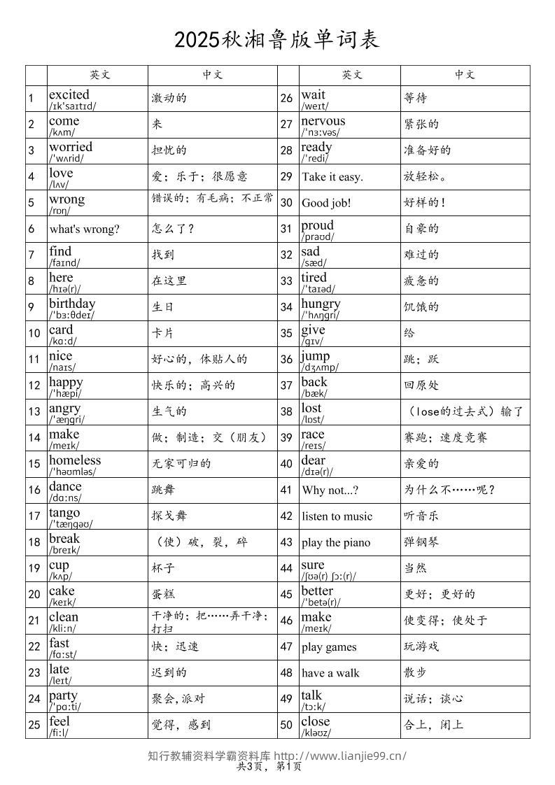 2025秋四上英语湘鲁版单词表-学霸资料库学科资源下载