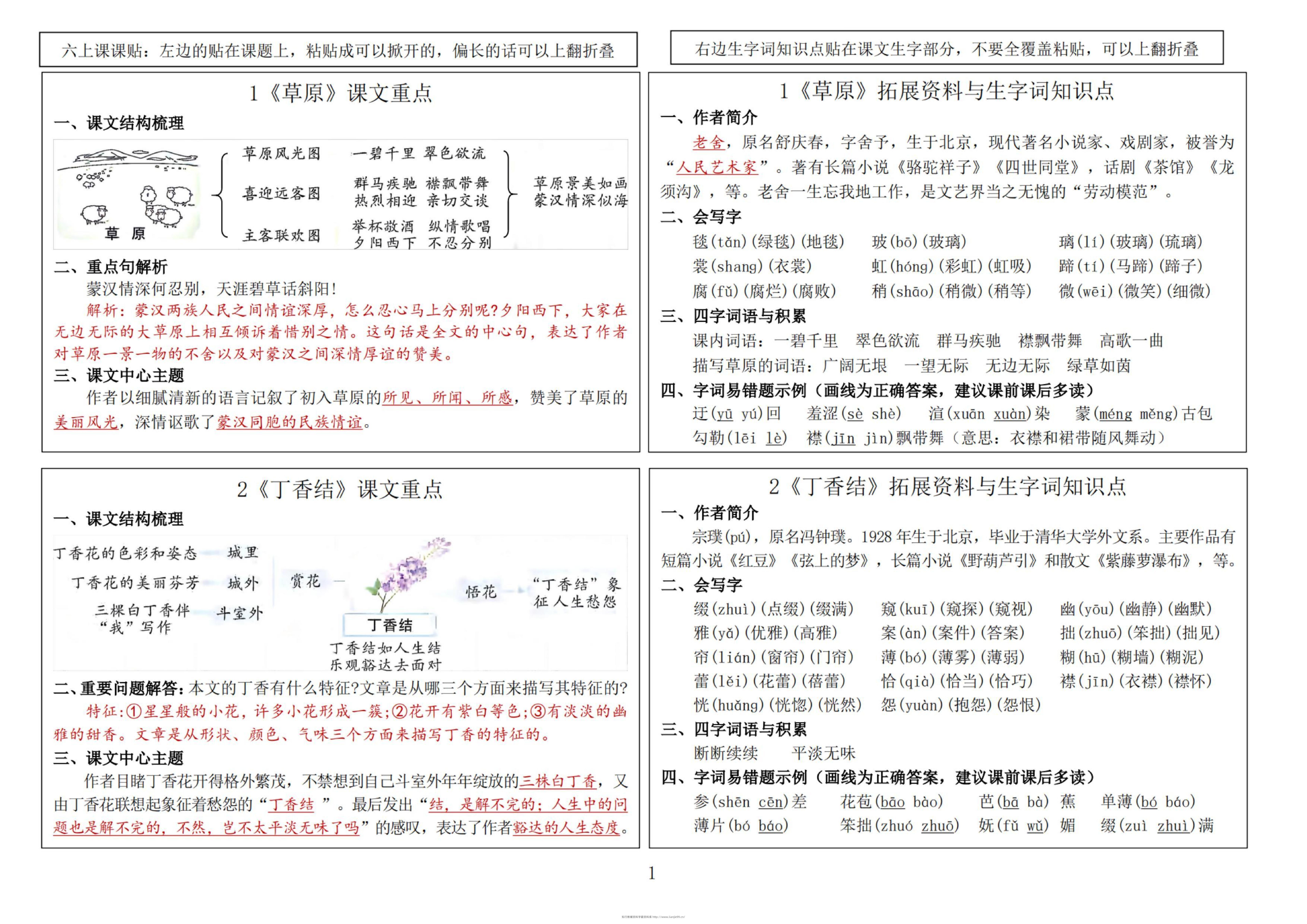 六年级语文上册-暑假预习课课贴-学霸资料库学科资源下载