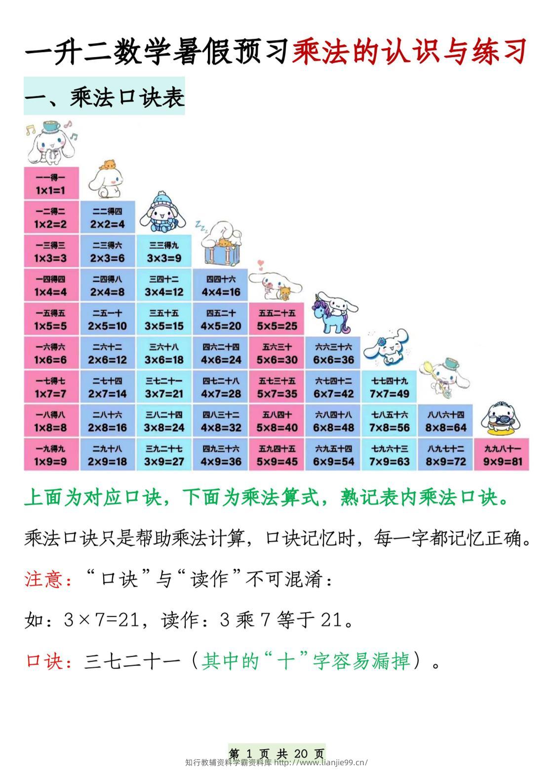 2603一升二数学暑假预习乘法的认识与练习（含答案40页）二上数学-学霸资料库学科资源下载