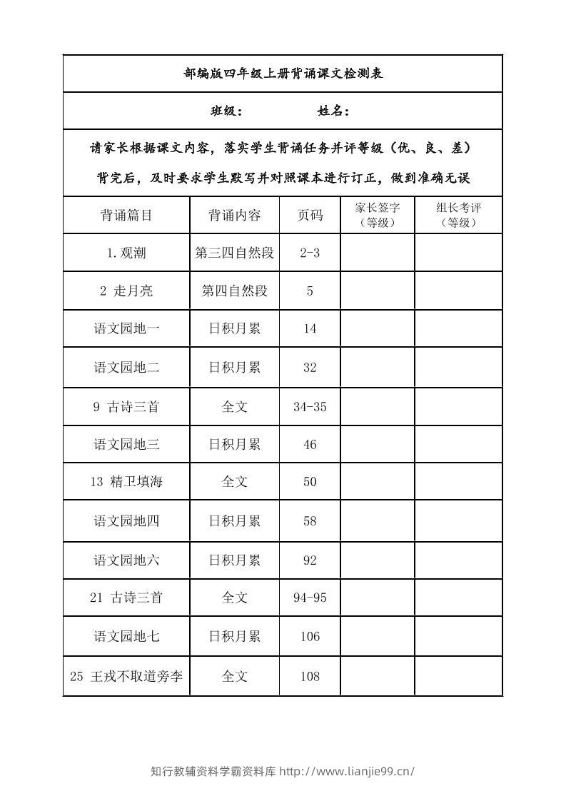 四年级上册语文背诵课文内容及闯关表-学霸资料库学科资源下载