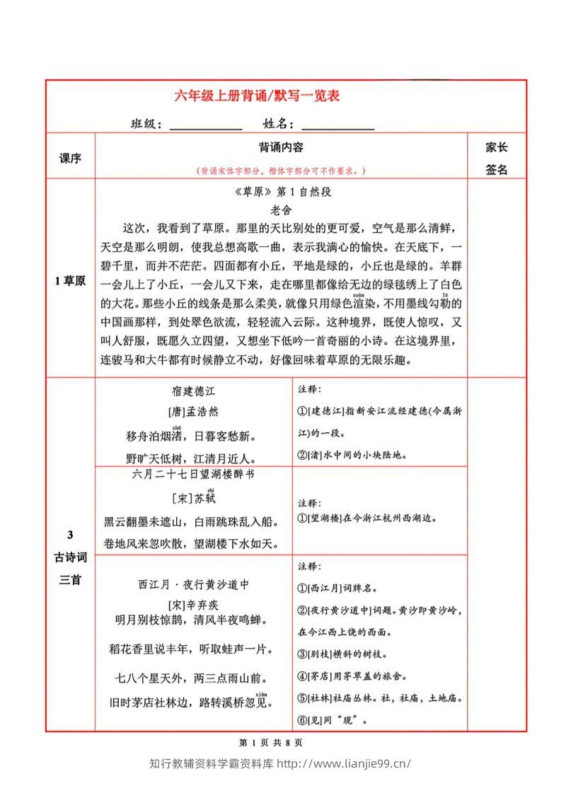 六上语文必背内容+默写表-学霸资料库学科资源下载