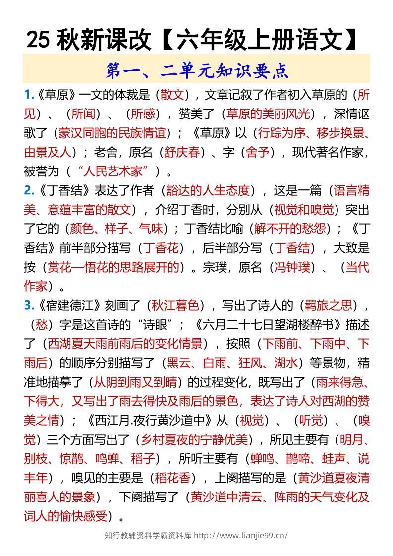 【2025秋新版】【六年级上册语文】第一、二单元知识要点-学霸资料库学科资源下载