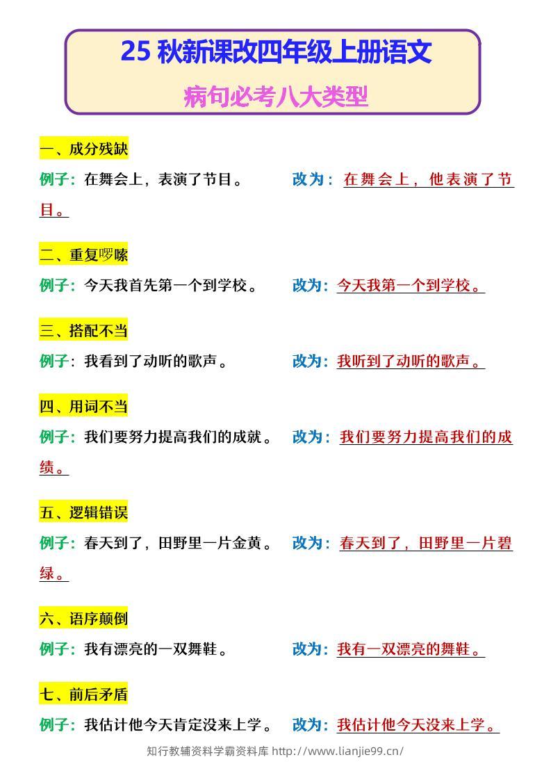 【2025秋新版】四年级上册语文病句必考八大类型-学霸资料库学科资源下载