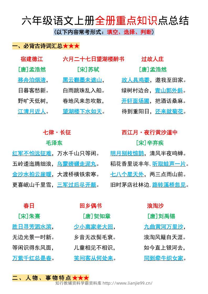 六年级上册语文全册重点知识点总结-学霸资料库学科资源下载