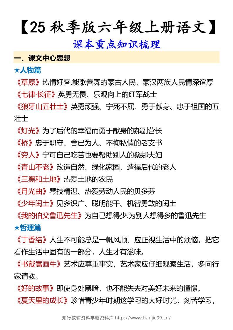 【2025秋新版】【六年级上册语文】课本重点知识梳理-学霸资料库学科资源下载