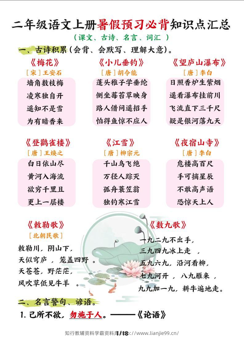 二年级语文上册暑假预习必背知识点汇总-学霸资料库学科资源下载
