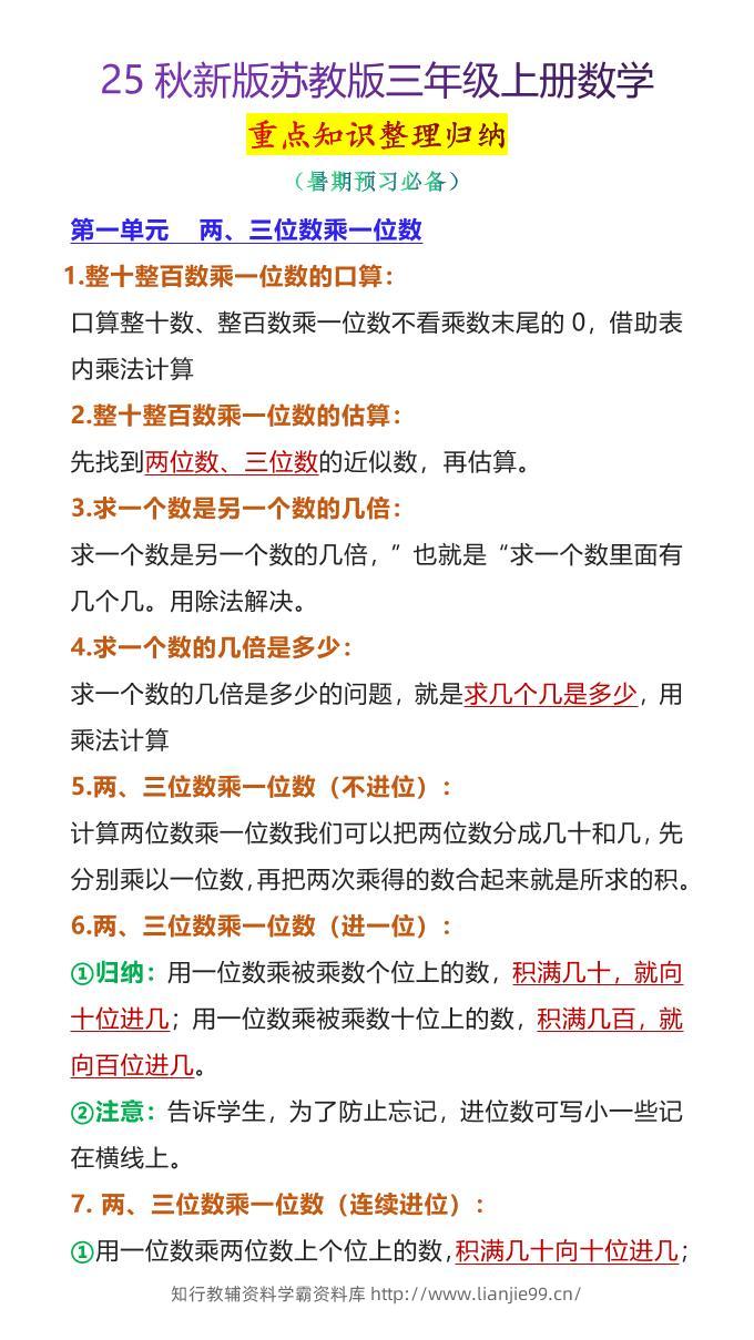 【2025秋新版】苏教版三年级上册数学重点知识整理归纳-学霸资料库学科资源下载