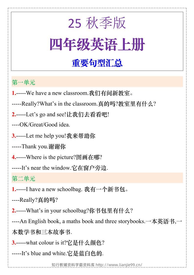 【2025秋新版】四年级英语上册重要句型汇总-学霸资料库学科资源下载
