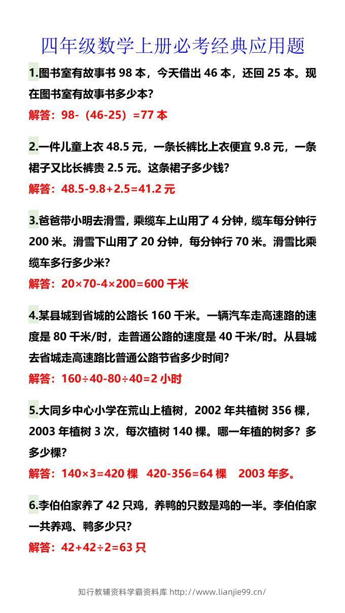 【2025秋新版】四年级数学上册必考经典应用题-学霸资料库学科资源下载