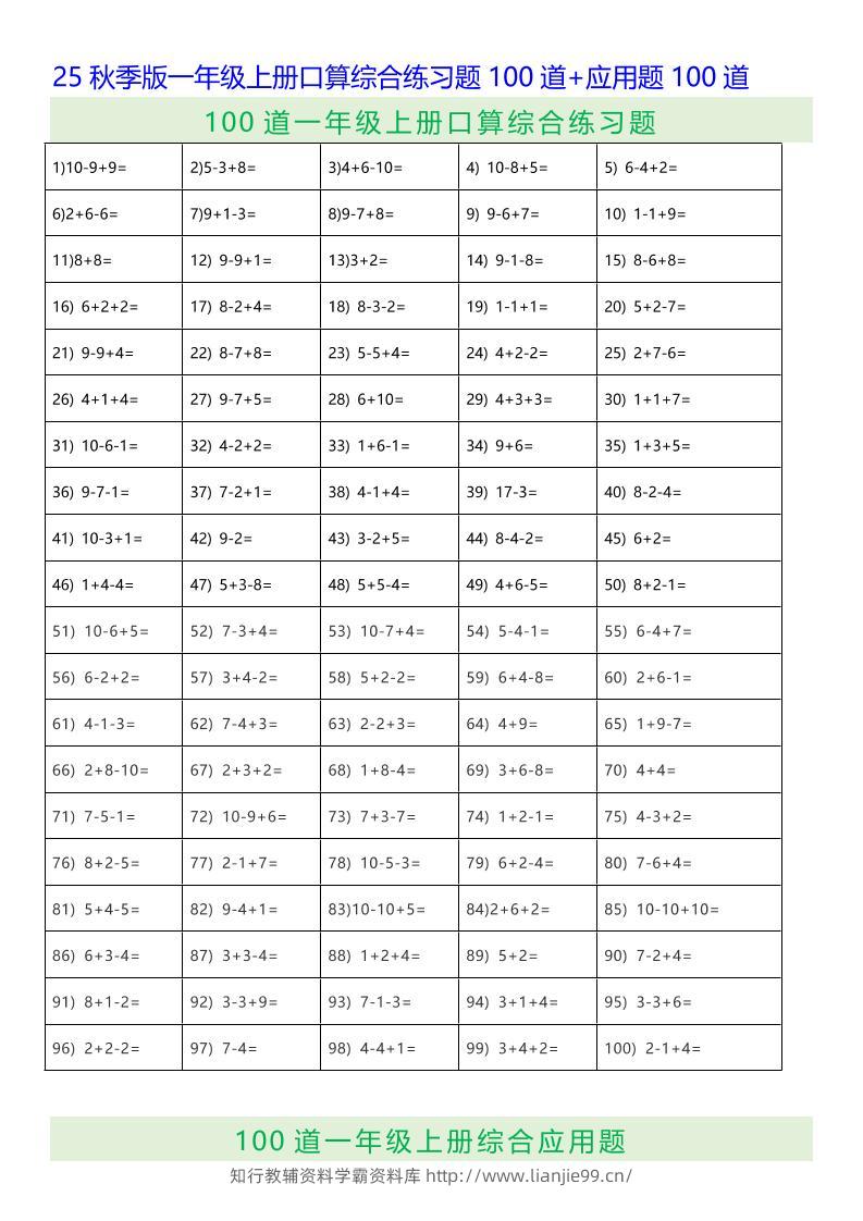 【2025秋新版】一年级上册口算综合练习题100道+应用题100道-一上数学-学霸资料库学科资源下载
