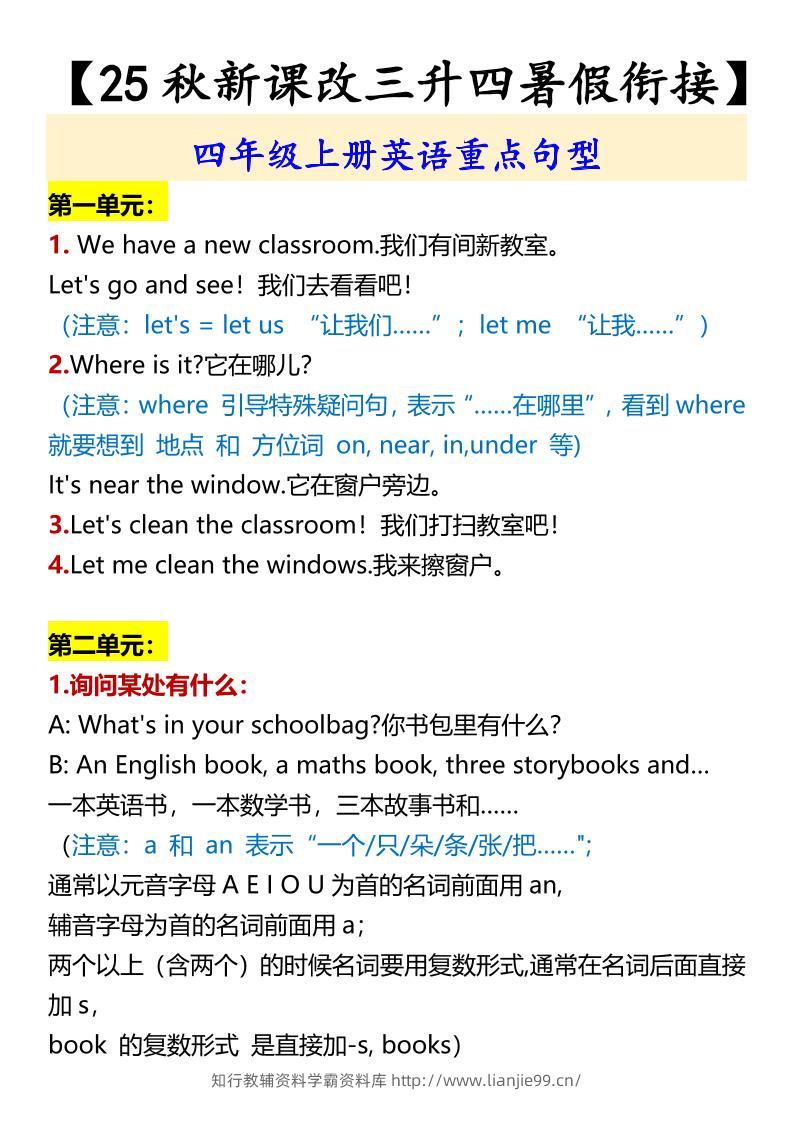 【2025秋新版】四年级上册英语重点句型-学霸资料库学科资源下载