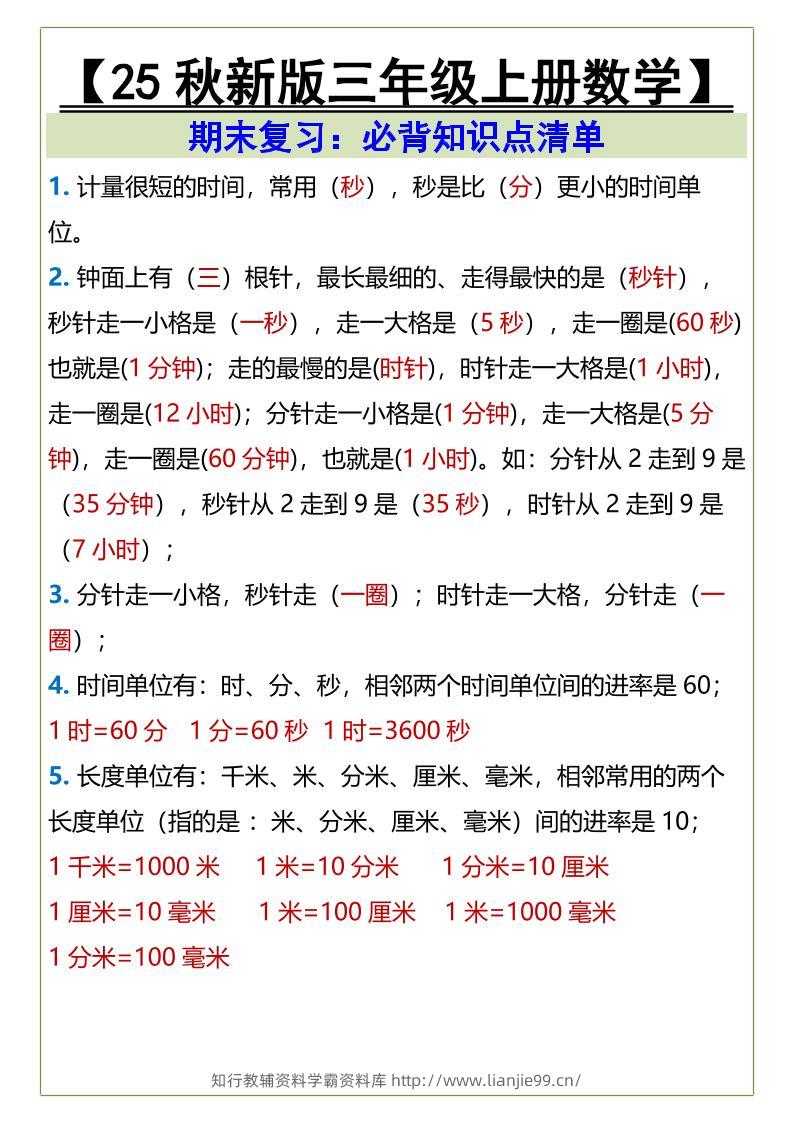 【2025秋新版】三年级上册数学必背知识点清单-学霸资料库学科资源下载
