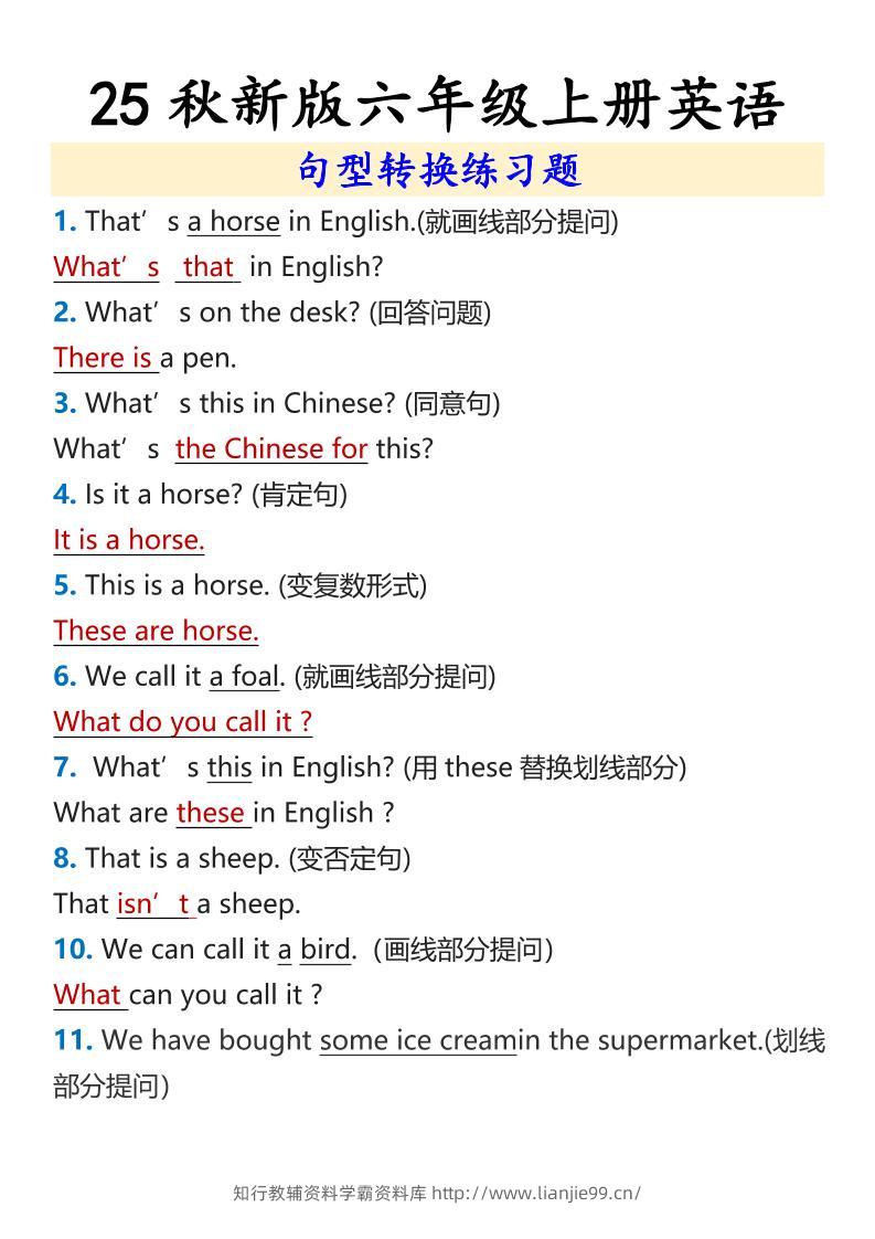 【2025秋新版】六年级上册英语句型转换练习题-学霸资料库学科资源下载
