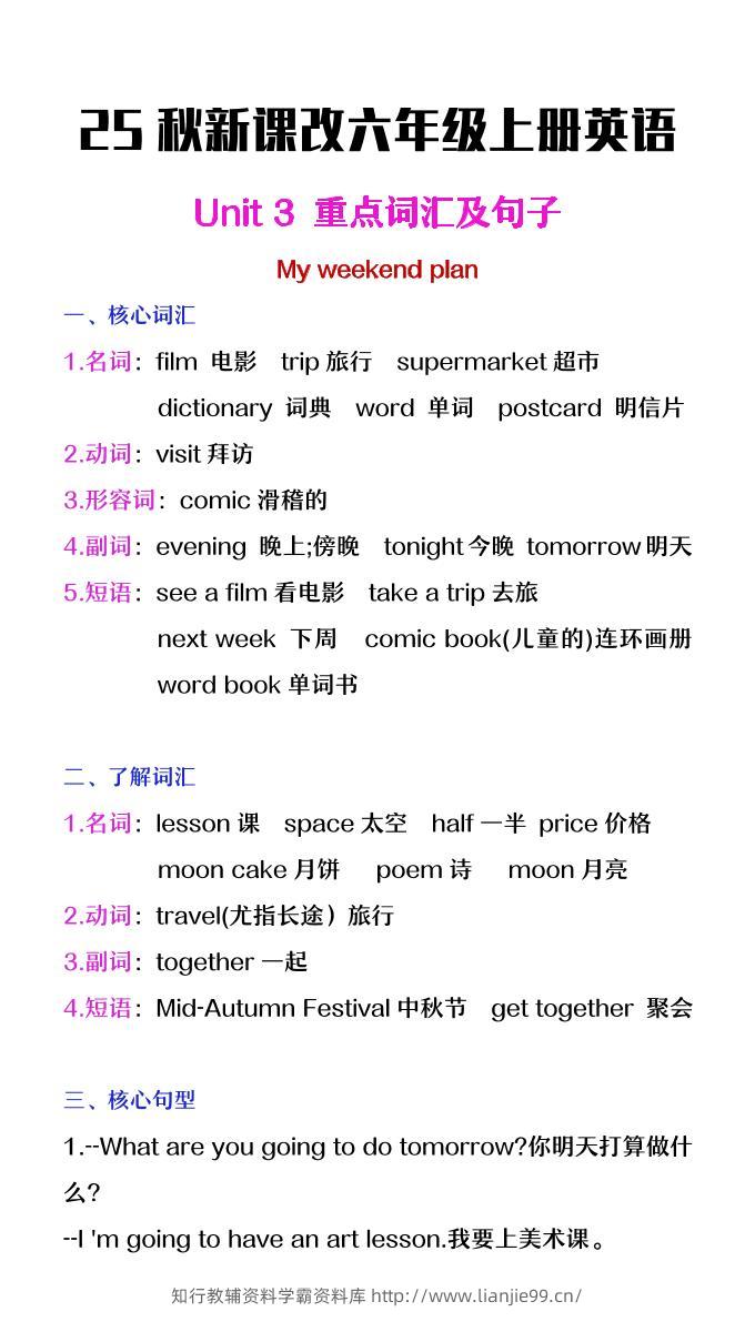 【2025秋新版】六年级上册英语第三单元中的概念词汇及句子-学霸资料库学科资源下载