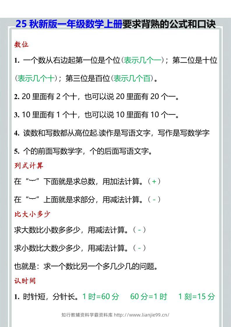 【2025秋新版】一年级数学上册要求背熟的公式和口诀-学霸资料库学科资源下载