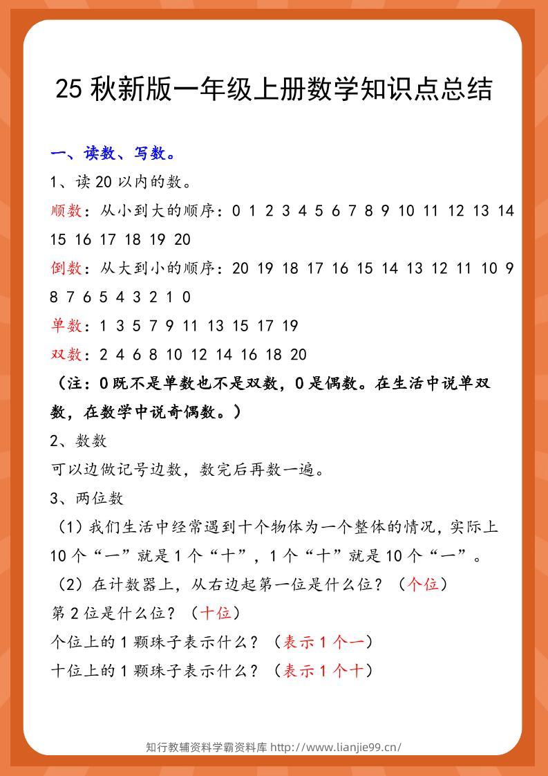 【2025秋新版】一年级上册数学知识点总结-学霸资料库学科资源下载