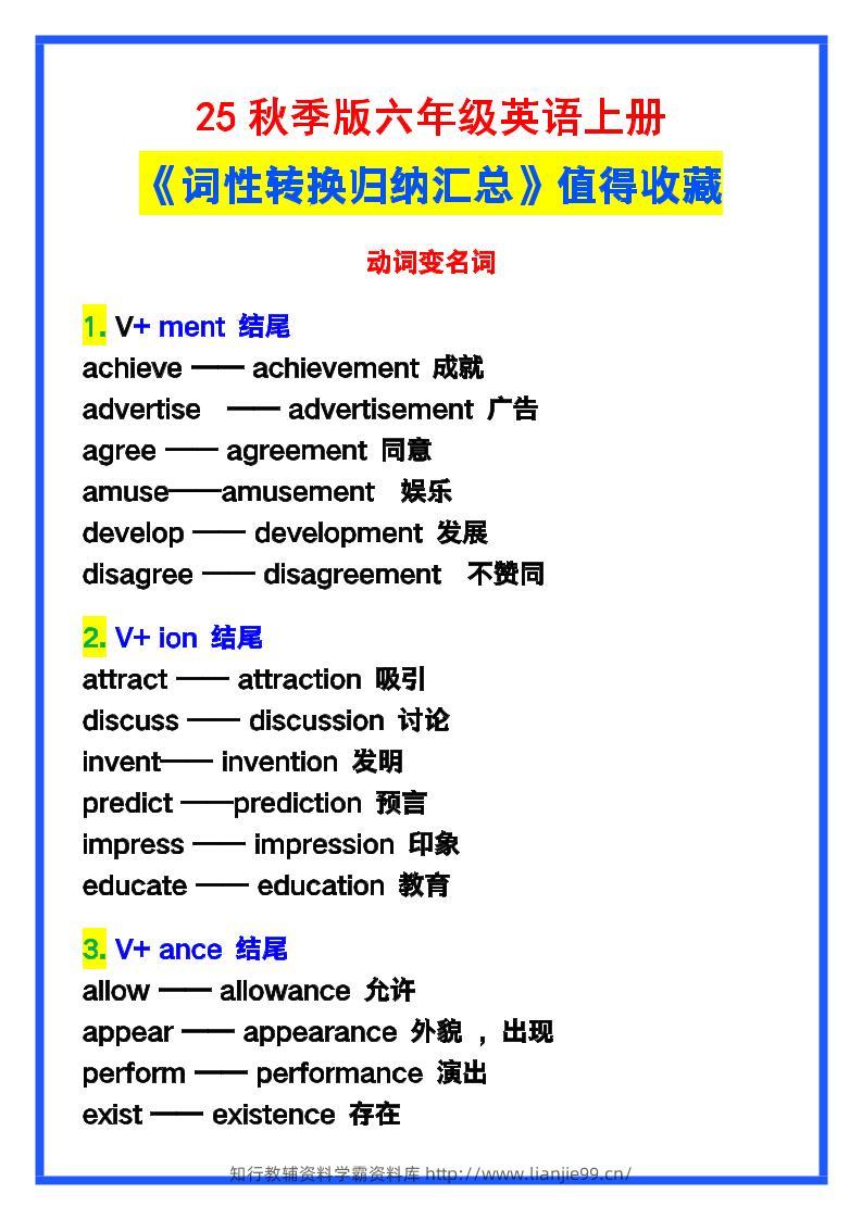 【2025秋新版】六年级英语上册《词性转换归纳汇总》，值得收藏！-学霸资料库学科资源下载