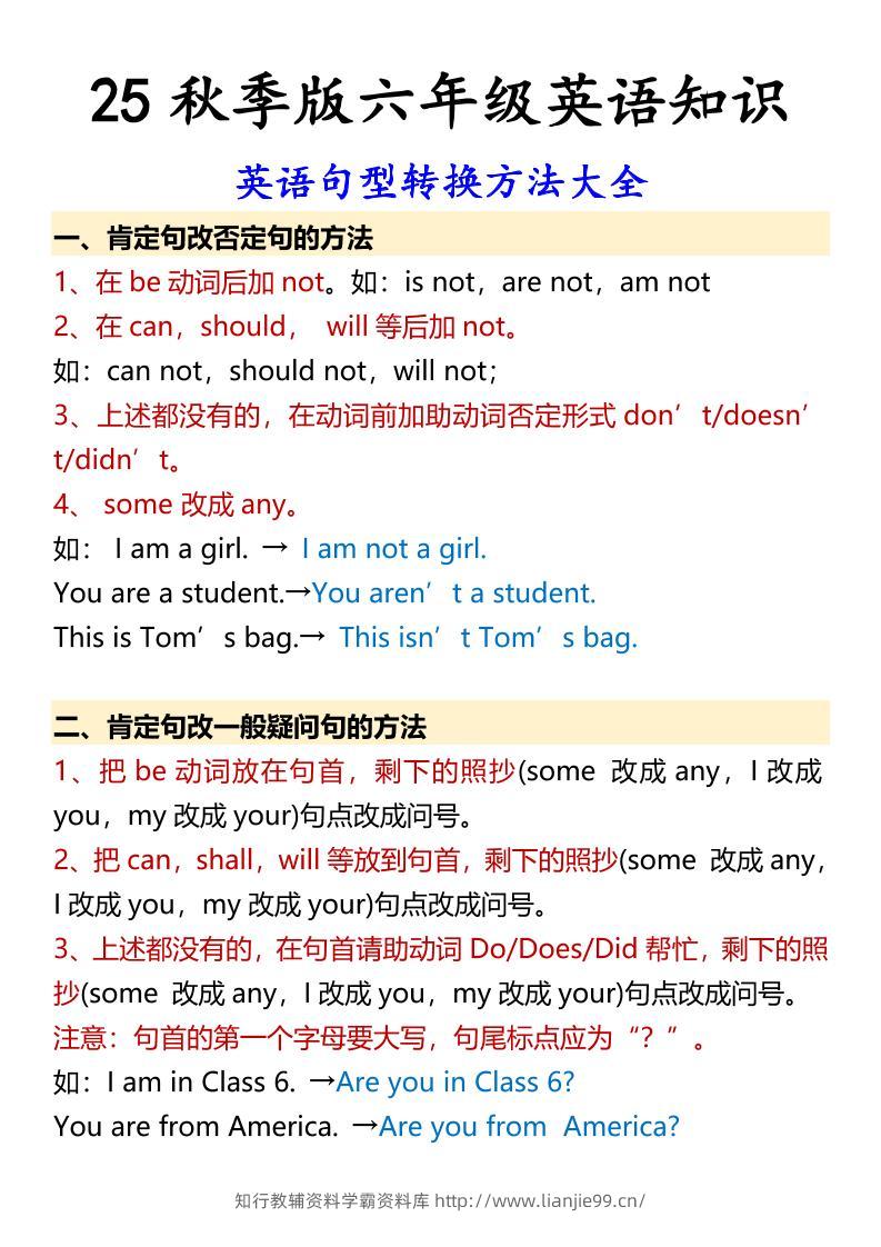【2025秋新版】六年级上册英语英语句型转换方法大全-学霸资料库学科资源下载