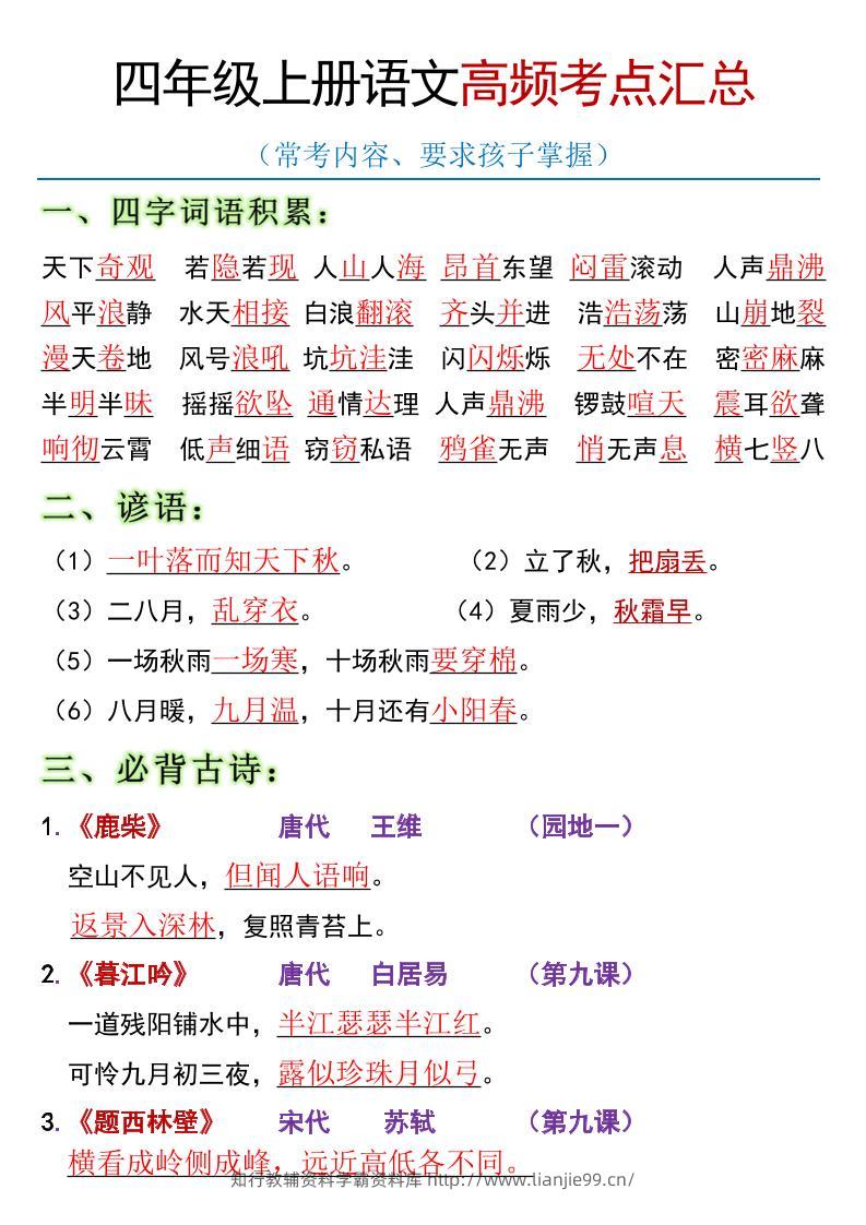 全册高频考点归类（节选）】四上语文-学霸资料库学科资源下载