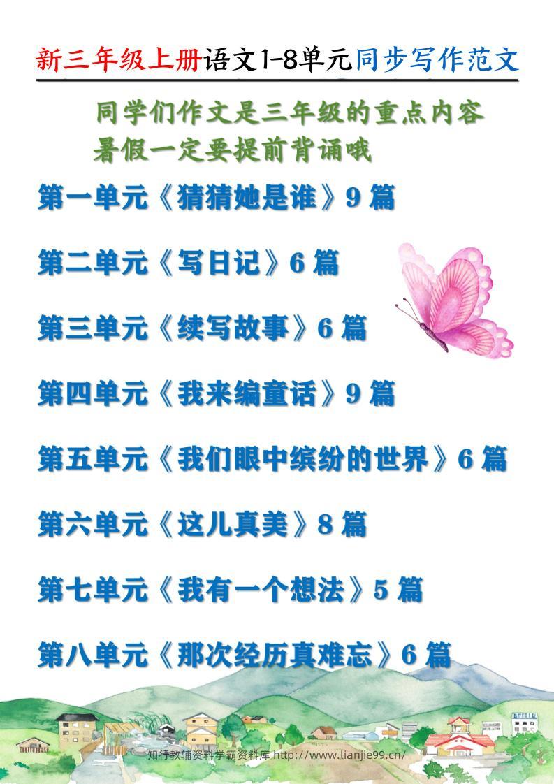 新三上语文1-8单元同步写作范文55篇（56页）-学霸资料库学科资源下载