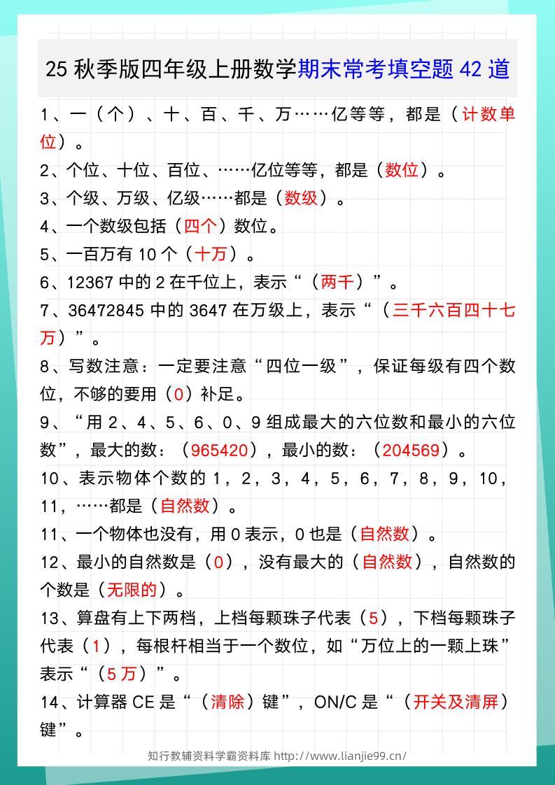 【2025秋新版】四年级上册数学期末常考填空题42道-学霸资料库学科资源下载
