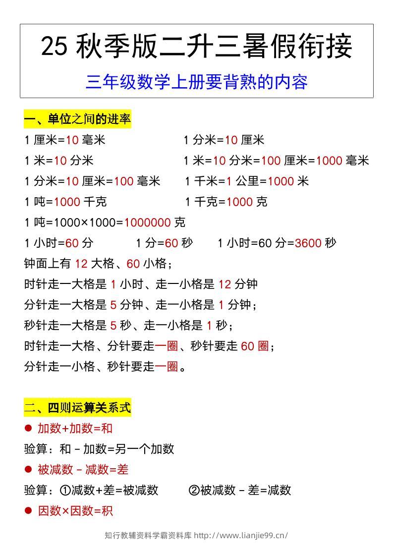 【2025秋新版】三年级数学上册要背熟的内容-学霸资料库学科资源下载