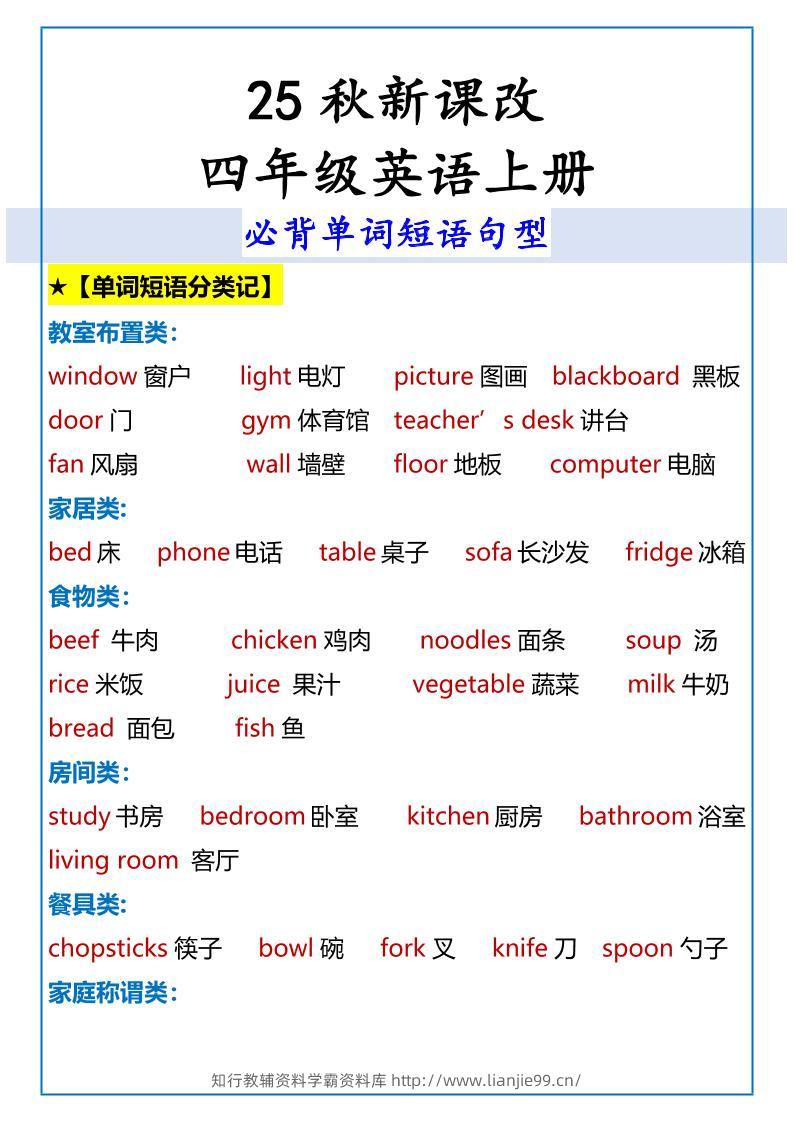 【2025秋新版】四年级英语上册必背单词短语句型-学霸资料库学科资源下载