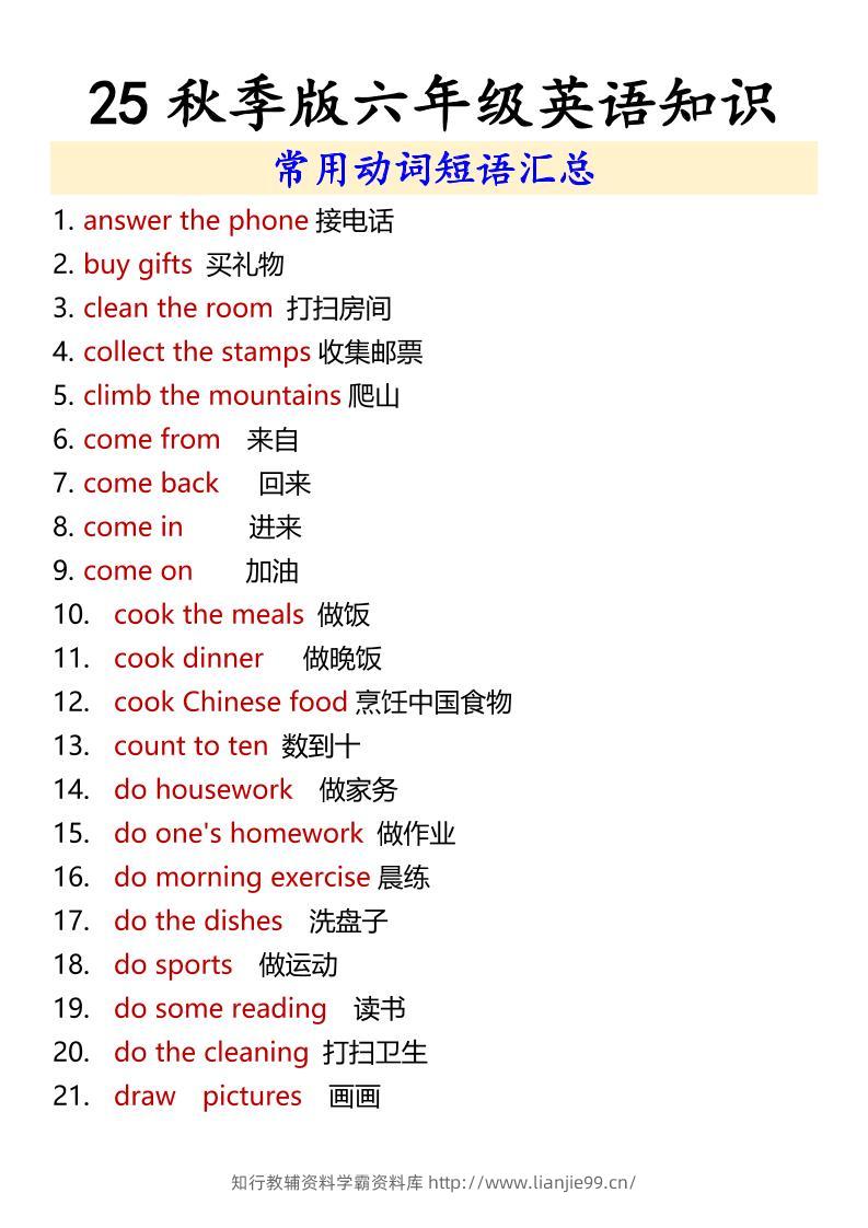 【2025秋新版】六年级上册英语常用动词短语汇总-学霸资料库学科资源下载