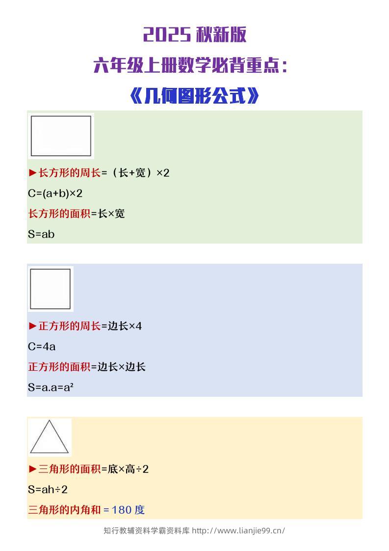 【2025秋新版】六年级上册数学必背几何图形公式大全-学霸资料库学科资源下载