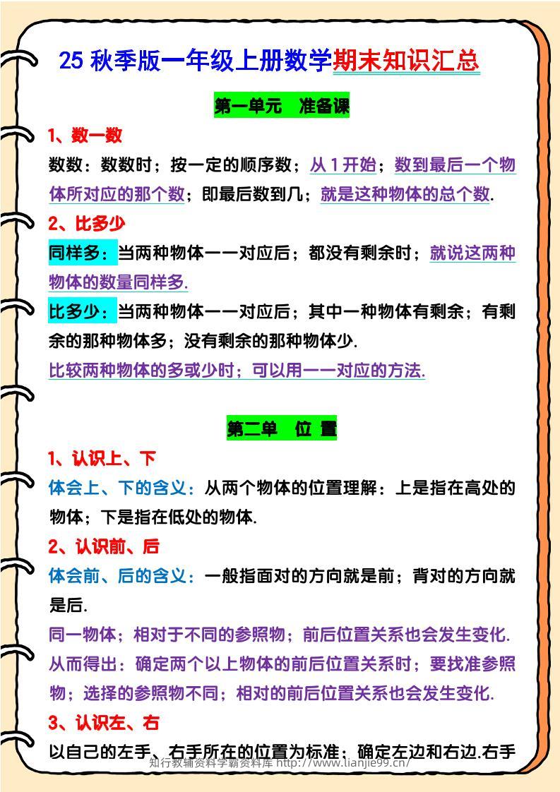 【2025秋新版】一年级上册数学期末知识汇总-学霸资料库学科资源下载