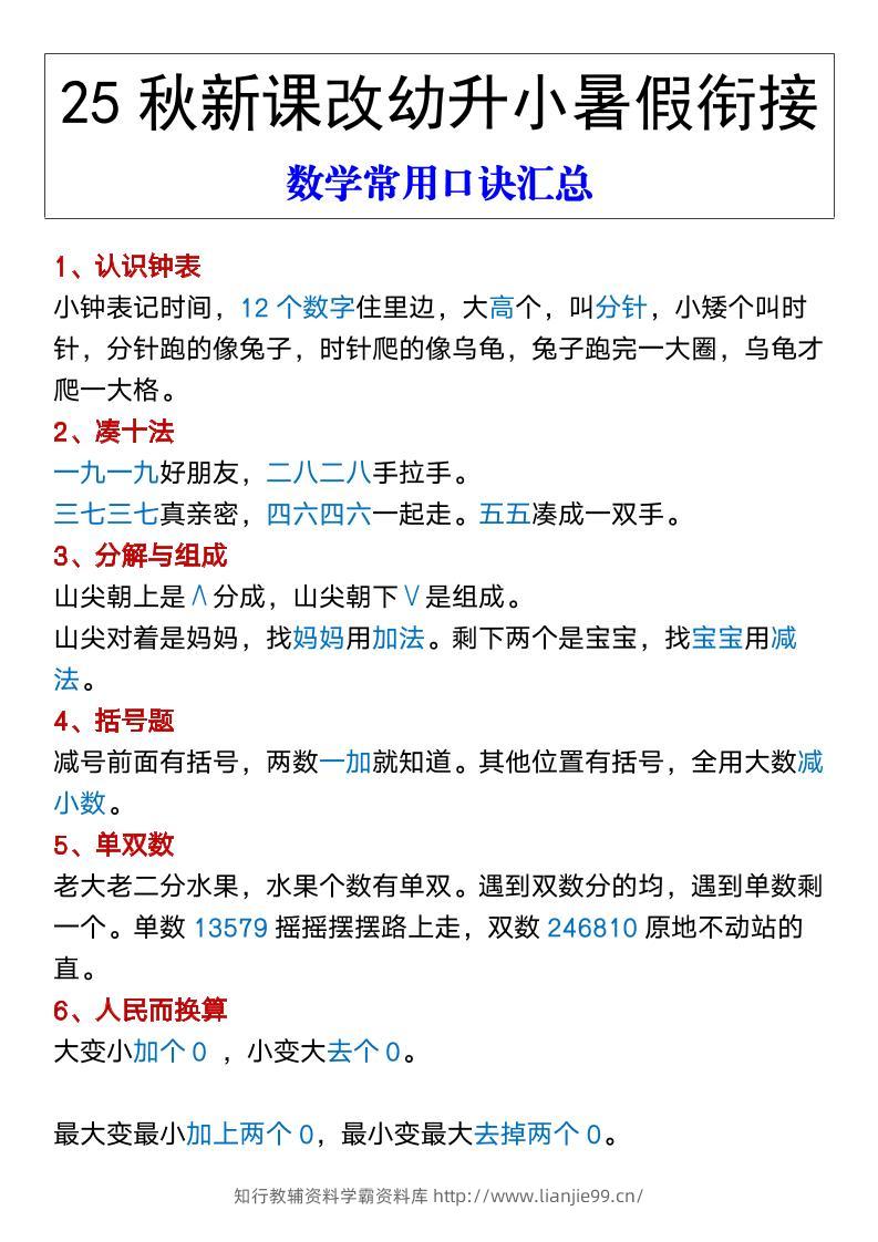 【2025秋新版】幼升小暑假衔接数学常用口诀汇总-一上数学-学霸资料库学科资源下载