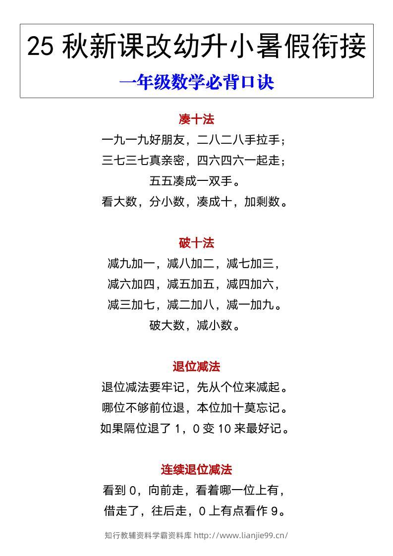 【2025秋新版】幼升小暑假衔接一年级数学必背口诀-一上数学-学霸资料库学科资源下载