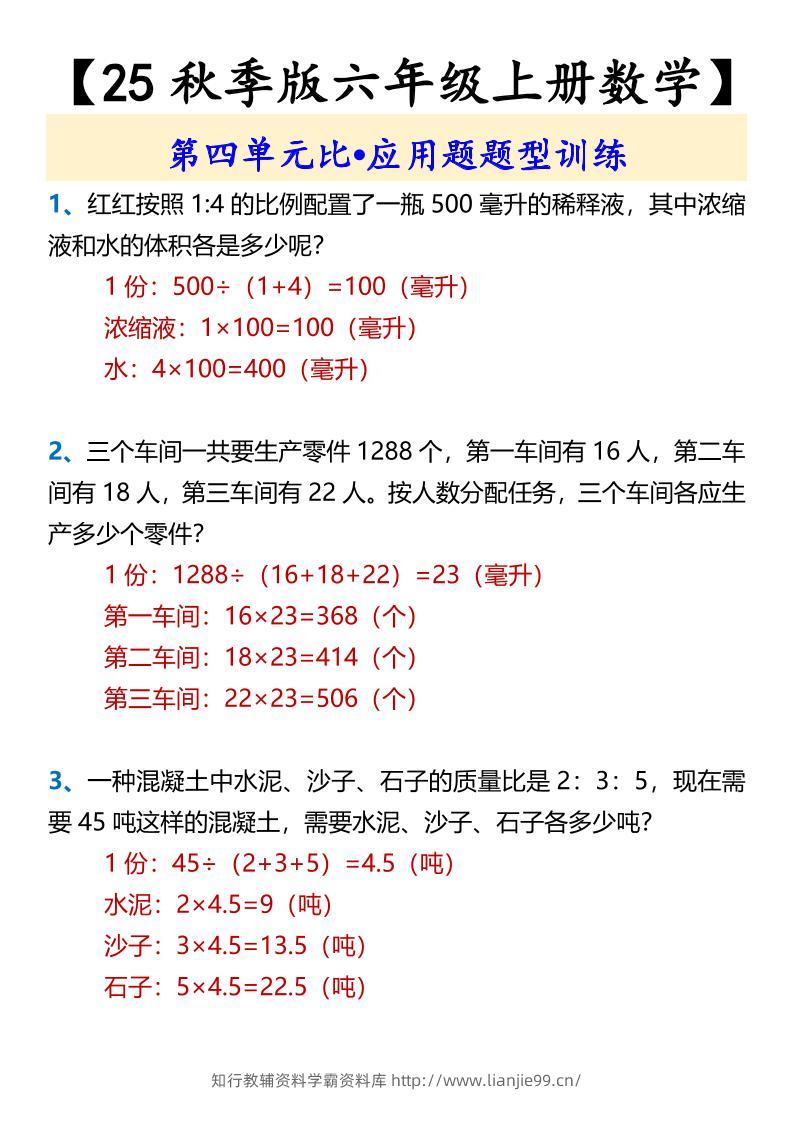 【2025秋新版】【六年级上册数学】第四单元比•应用题题型训练-学霸资料库学科资源下载