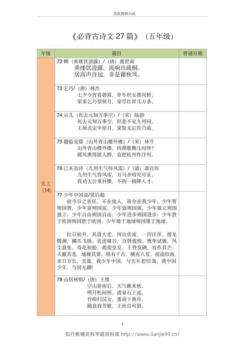 五年级古诗文背诵记录表-五上语文-学霸资料库学科资源下载