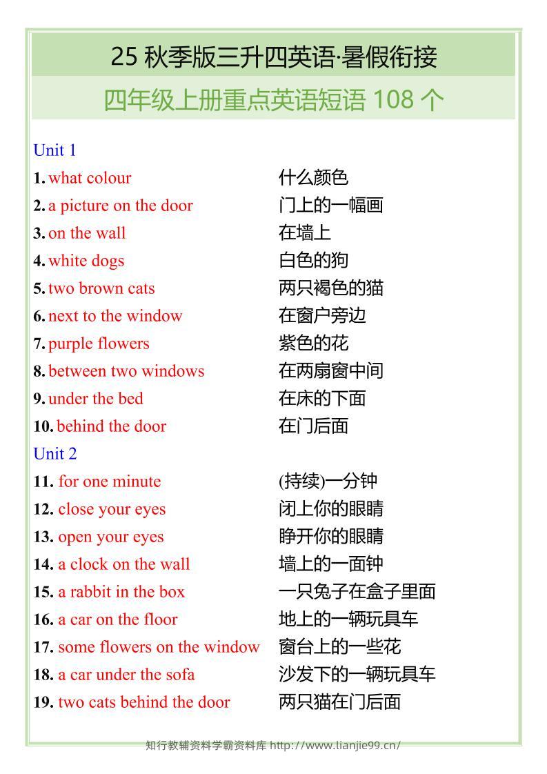 【2025秋新版】四年级上册重点英语短语汇总-学霸资料库学科资源下载